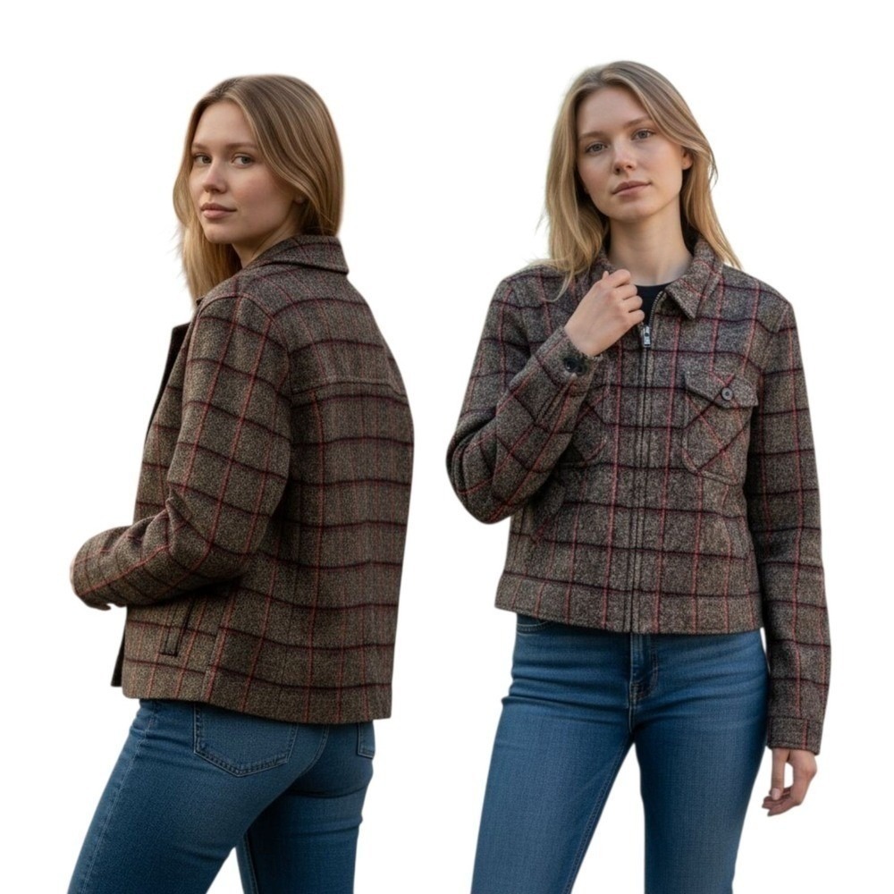 EUC Carlisle Tweed Plaid Blazer Jacket, Zipper Front‎ Brown Burgundy Career 14